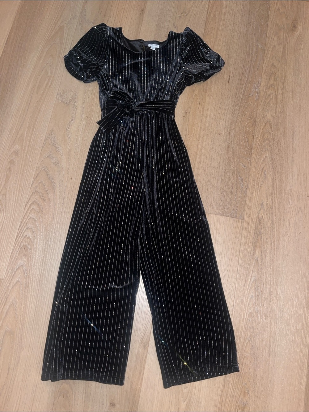 Girls Habitual Black Velvet Sparkle Pinstripe Wide-Leg with Bow Tie Detail Rompe